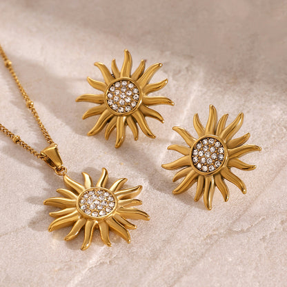 18K Gold Bling Sunflower CZ Statement Stud Earrings