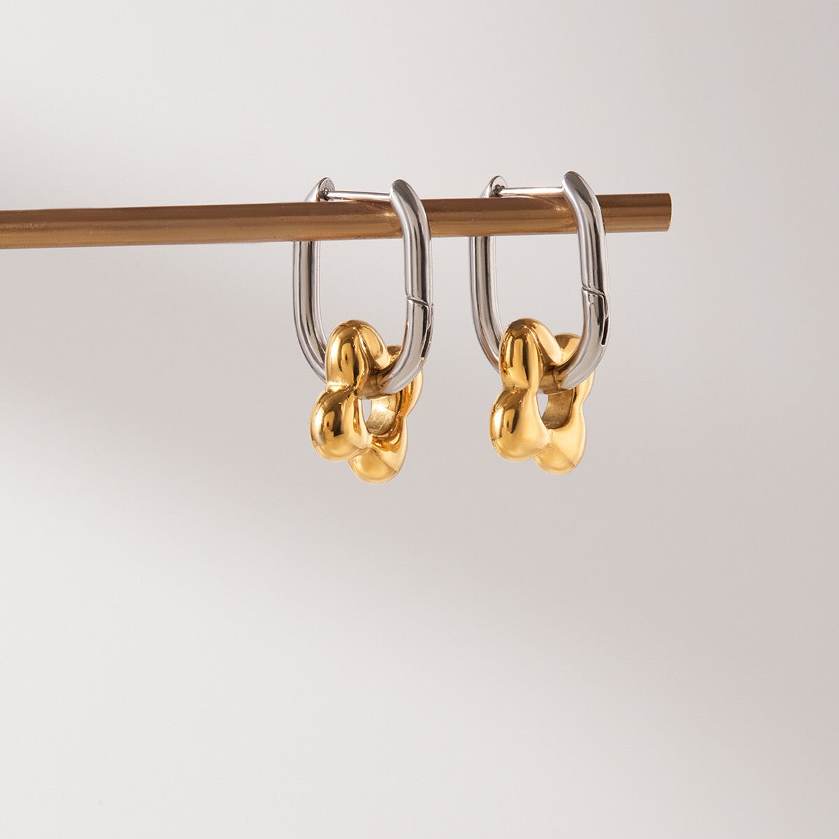 18K Gold and Silver Two Tone Flower Small Hoop Dangle Huggie Earrings