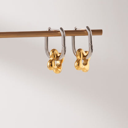 18K Gold and Silver Two Tone Flower Small Hoop Dangle Huggie Earrings