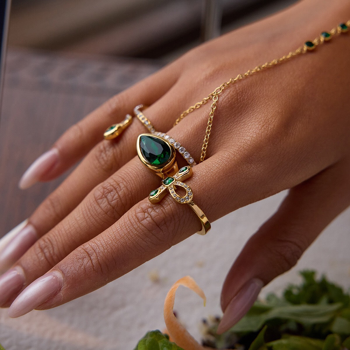 18K Gold Emerald Heiress Cross Snake Statement CZ Cocktail Ring