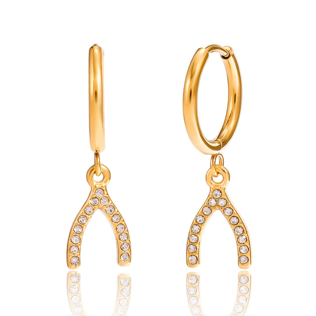 18K Gold Bling Wishing Bone Small Hoop Huggie Earrings with Charm