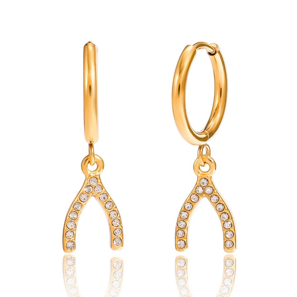 18K Gold Bling Wishing Bone Small Hoop Huggie Earrings with Charm