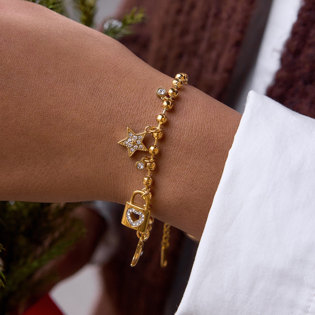 18K Gold Secret Lover Heart Lock and Key Charm Chunky Chain Bracelet