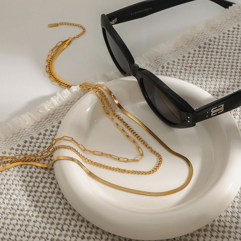 18K Gold Herringbone Snake Chain Paperclip Layered Necklace Set