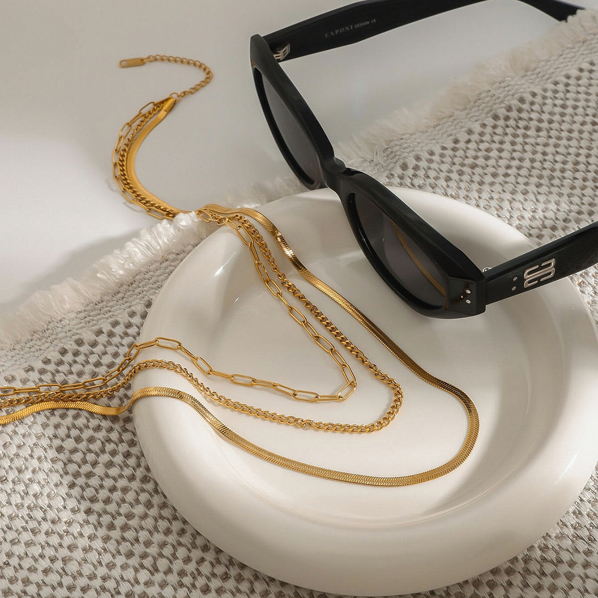 18K Gold Herringbone Snake Chain Paperclip Layered Necklace Set