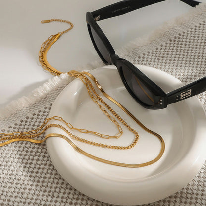 18K Gold Herringbone Snake Chain Paperclip Layered Necklace Set
