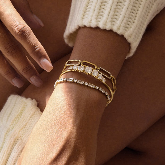 18K Gold Diamond Fever Paperclip Chain Cuff Bangle Tennis Bracelet Stack