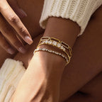 18K Gold Diamond Fever Paperclip Chain Cuff Bangle Tennis Bracelet Stack