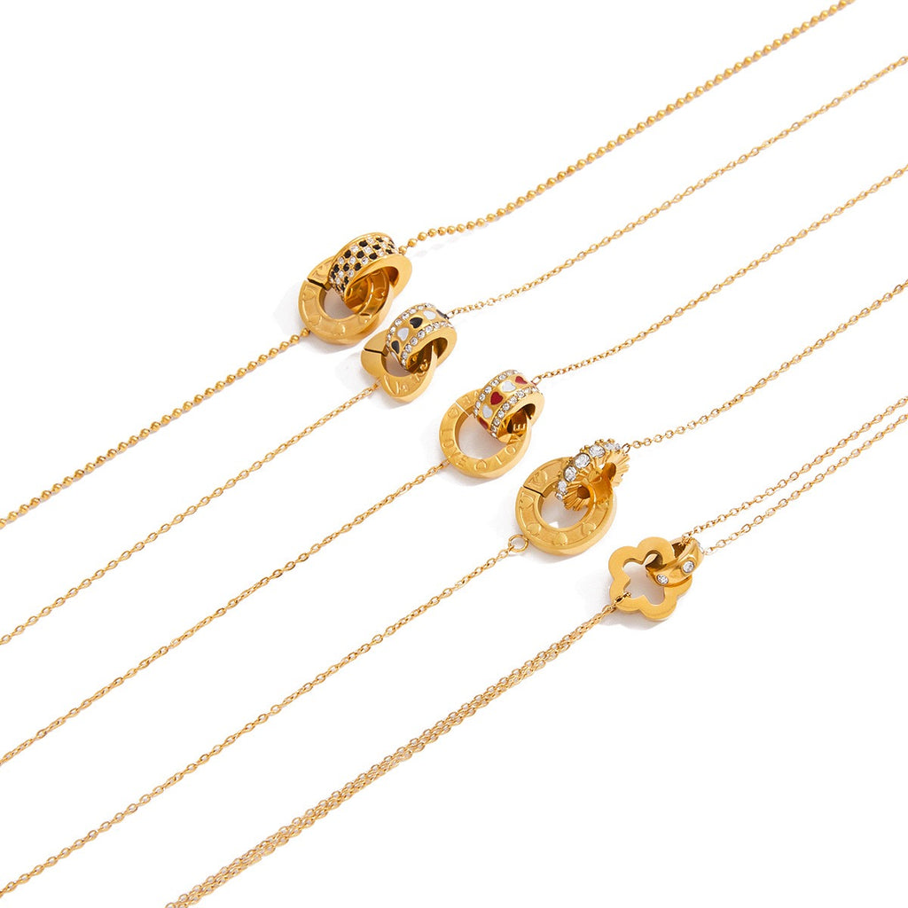 18K Gold Together Two Ring Connected Dainty Pendant Necklace