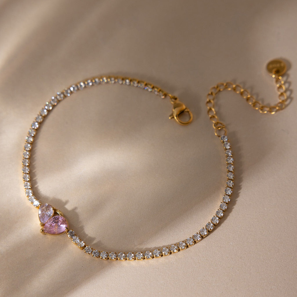18K Gold Pink Promise Heart Dainty Tennis Chain Bracelet