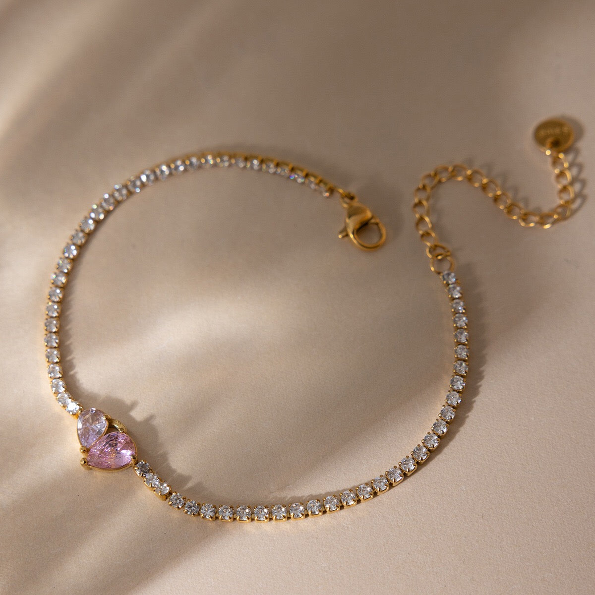18K Gold Pink Promise Heart Dainty Tennis Chain Bracelet