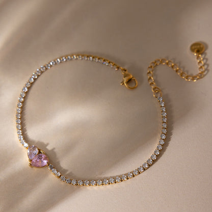 18K Gold Pink Promise Heart Dainty Tennis Chain Bracelet