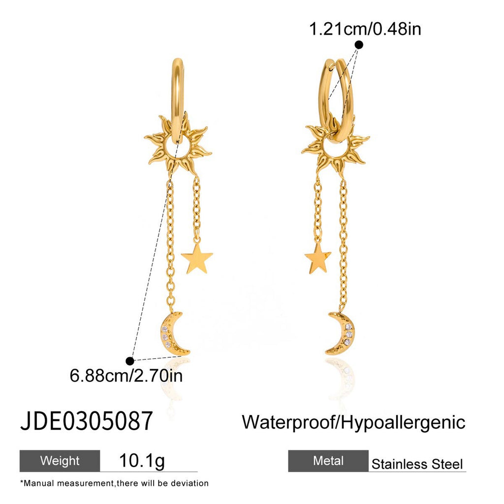 18K Gold Celestial Sun Moon and Star Drop Dangle Huggie Earrings