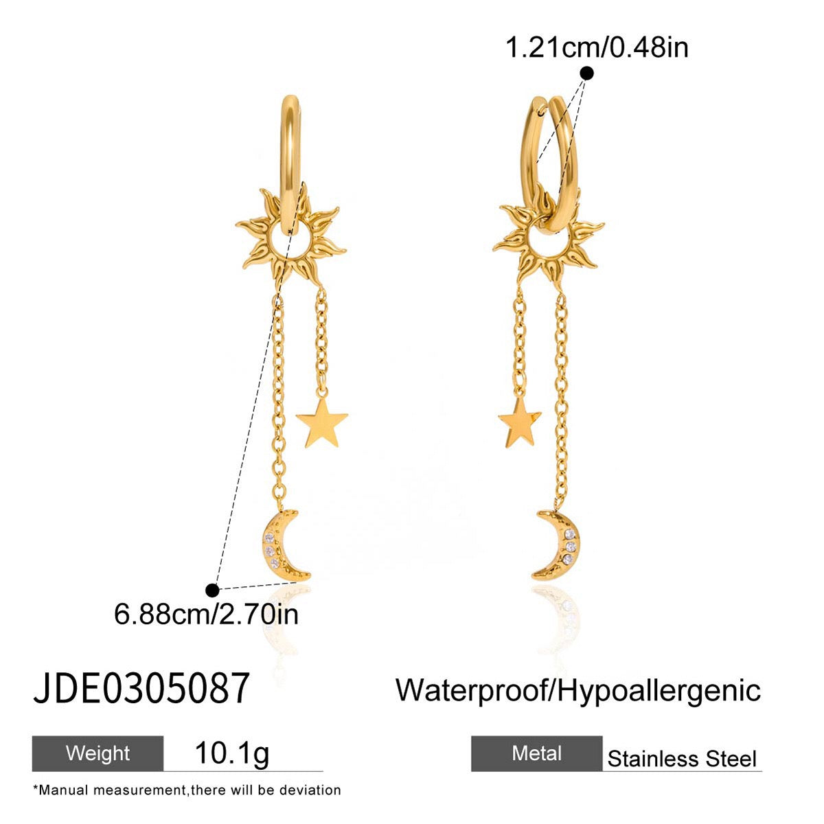 18K Gold Celestial Sun Moon and Star Drop Dangle Huggie Earrings