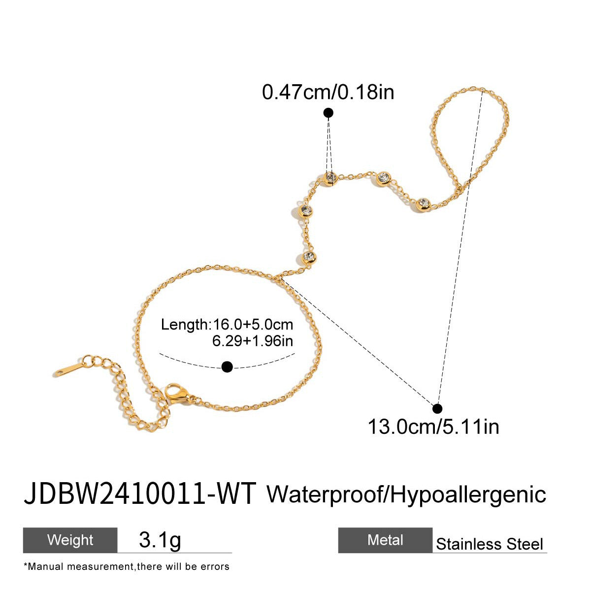 18K Gold Waterproof Bejeweled Hand Chain Bracelet
