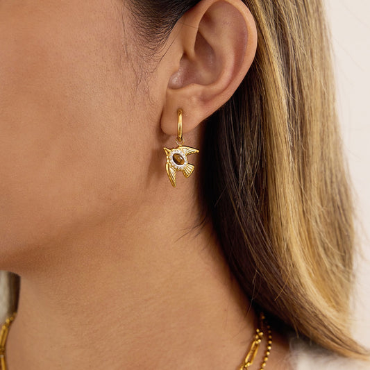 18K Gold Free Spirit Tiger Eye Small Hoop Huggie Dangle Earrings