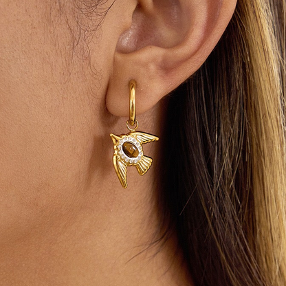 18K Gold Free Spirit Tiger Eye Small Hoop Huggie Dangle Earrings