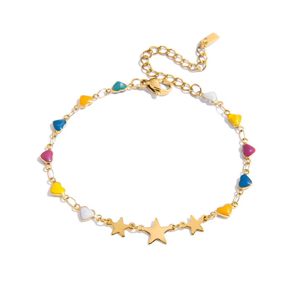 18K Gold Stars Align Dainty Chain Colorful Hearts Bracelet Stack