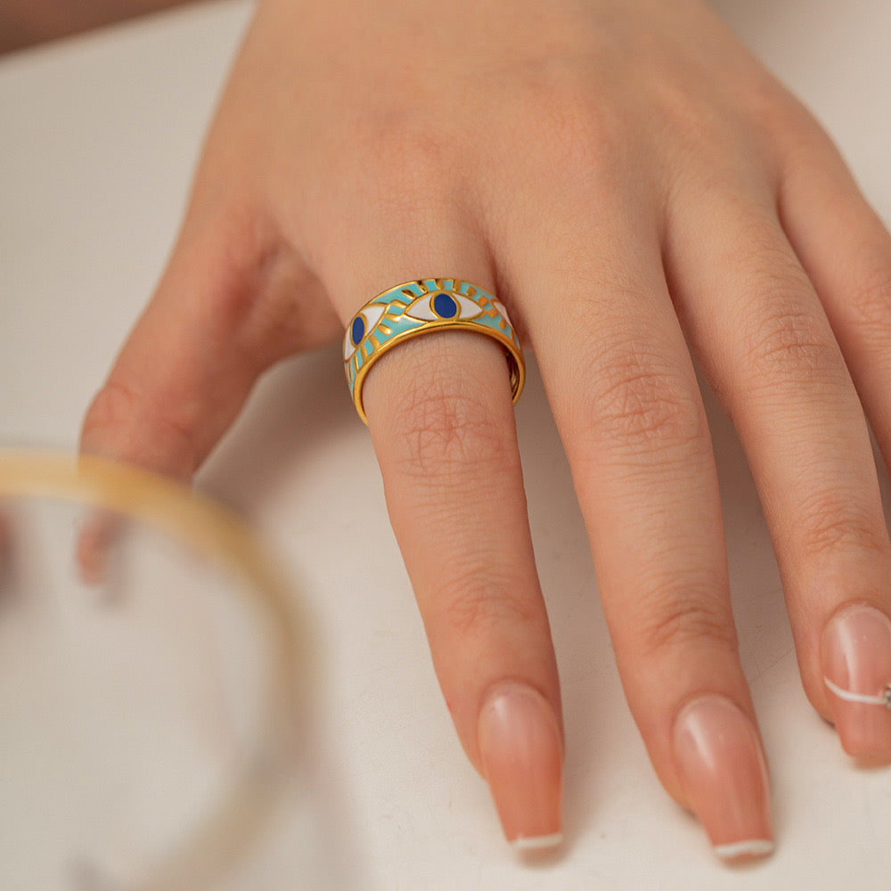 18K Gold Evil Eye Protection Band Ring