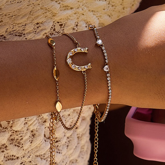 18K Gold Intimate Heart Tennis Horseshoe Chain Bracelet Stack