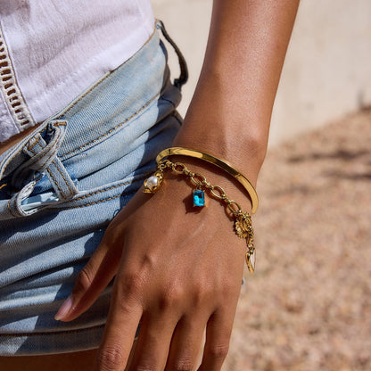18K Gold Ocean Blue Charm Bracelet Sleek Bangle Stack