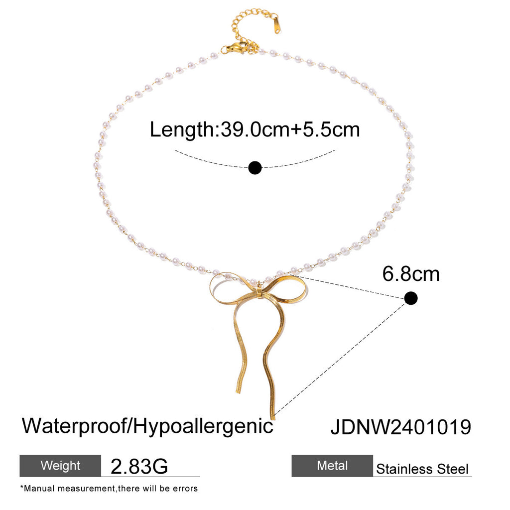 18K Gold Ribbon Bow Pearl Chain Pendant Necklace