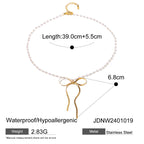 18K Gold Ribbon Bow Pearl Chain Pendant Necklace