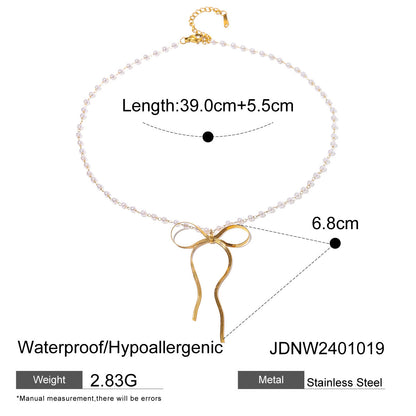 18K Gold Ribbon Bow Pearl Chain Pendant Necklace