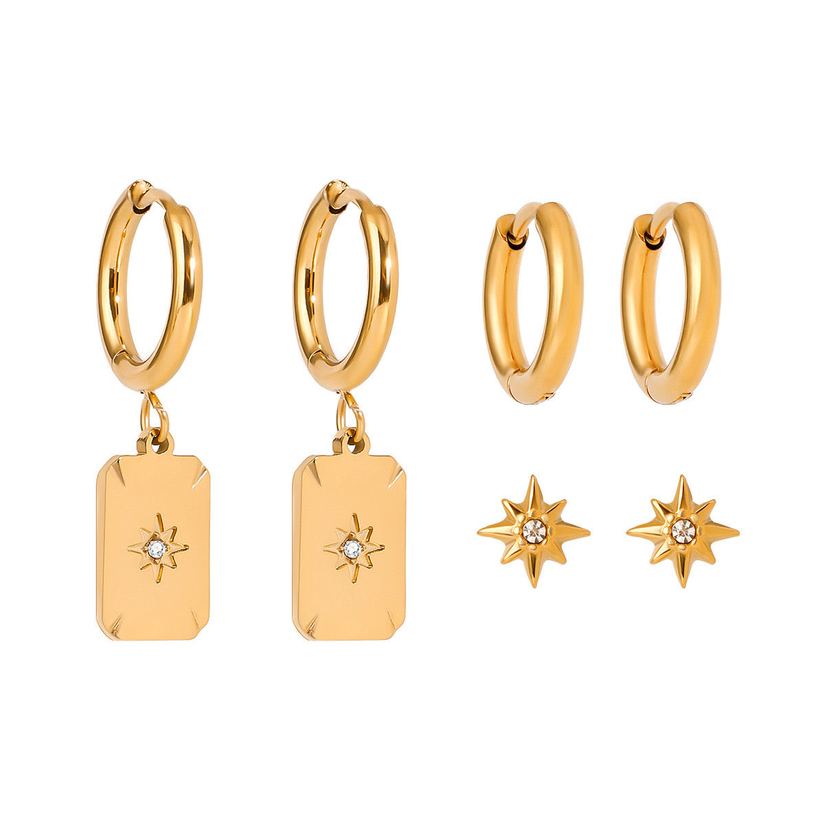 18K Gold Celestial Studs Charm Huggie Earrings Set