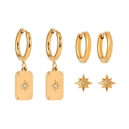 18K Gold Celestial Studs Charm Huggie Earrings Set