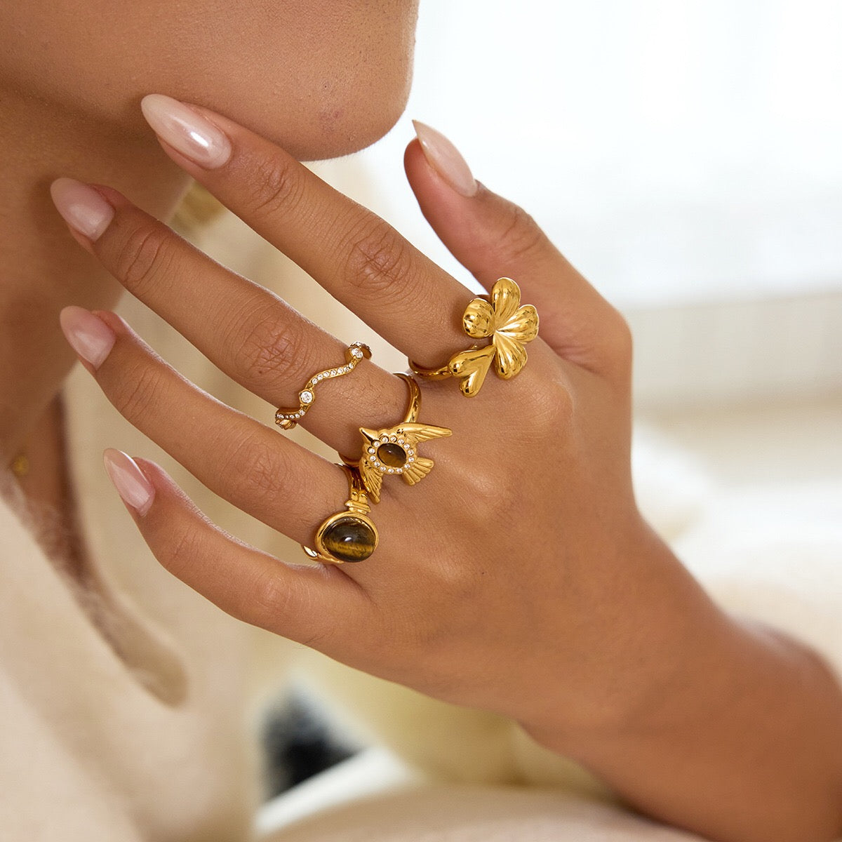 18K Gold Free Spirit Tiger Eye Bird Ring