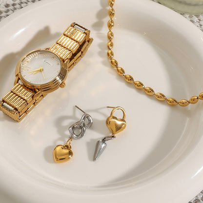 18K Gold and Silver Two Tone Love Lock Statement Stud Dangle Earrings