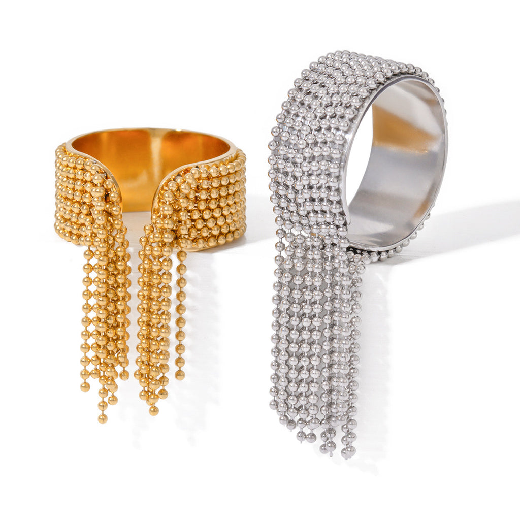 18K Gold Small Ball Chain Fringe Dangle Band Ring