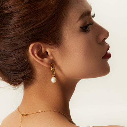 18K Gold Cuban Link Pearl Stud Dangle Earrings