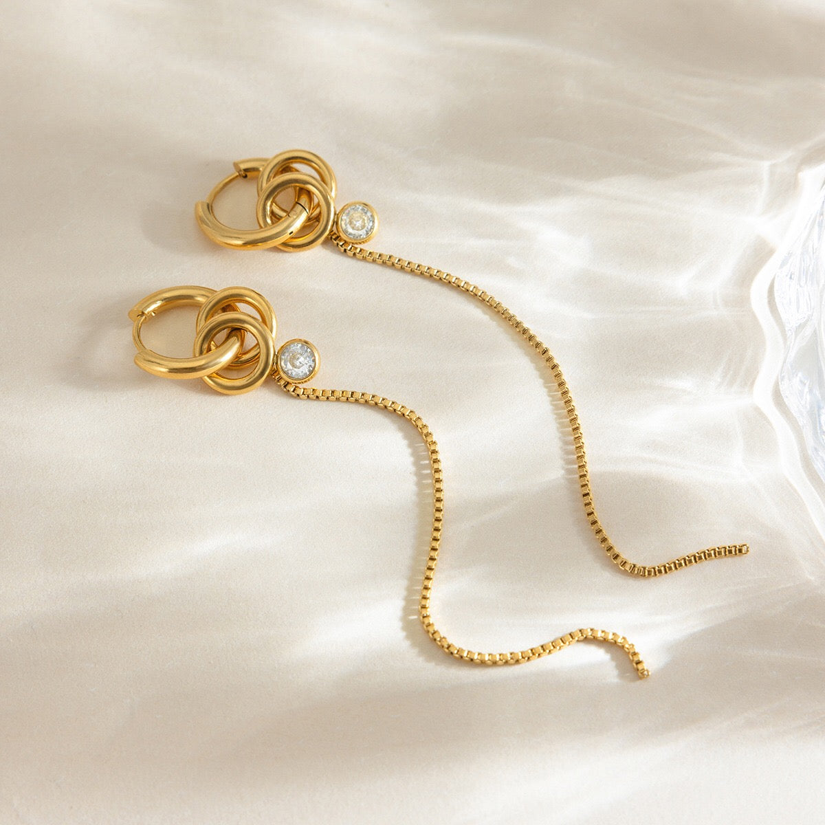 18K Gold Elite Long Drop Small Hoop Huggie Earrings