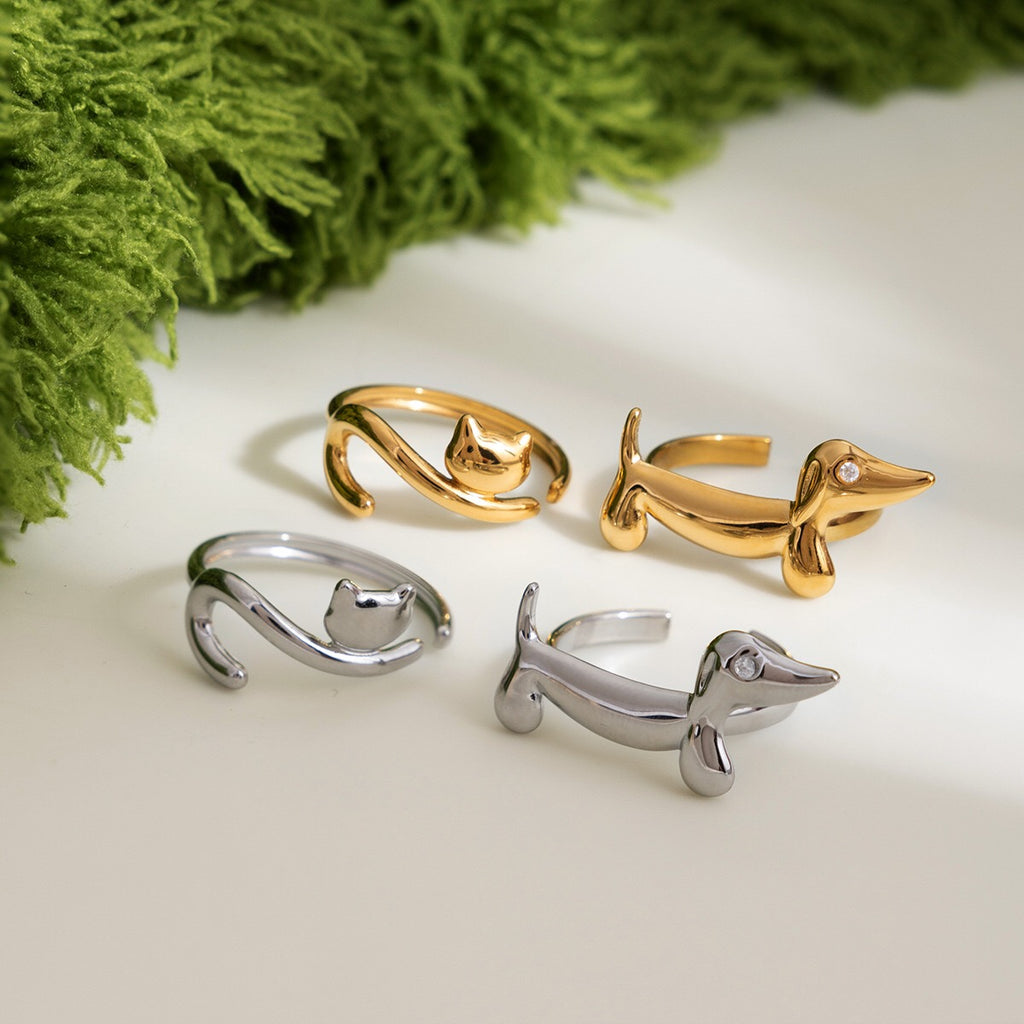 18K Gold Pet Lovers Cat and Dog Stacking Ring