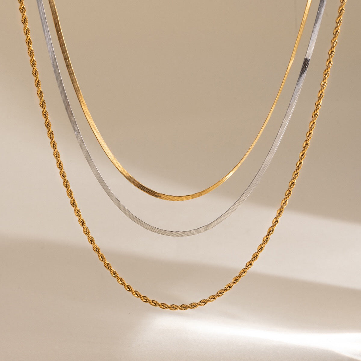 18K Gold and Silver Two Tone Herringbone Snake Rope Chain Layered Necklace Set
