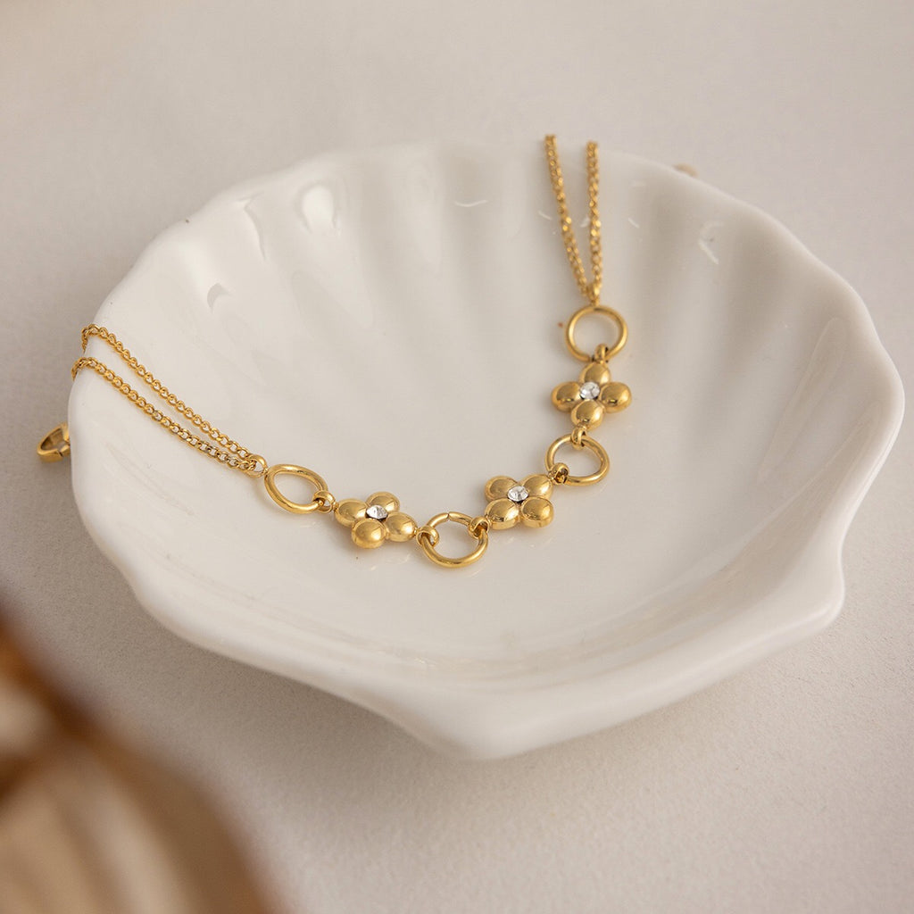 18K Gold Fortune Flower Four Leaf Clover Double Chain Bracelet