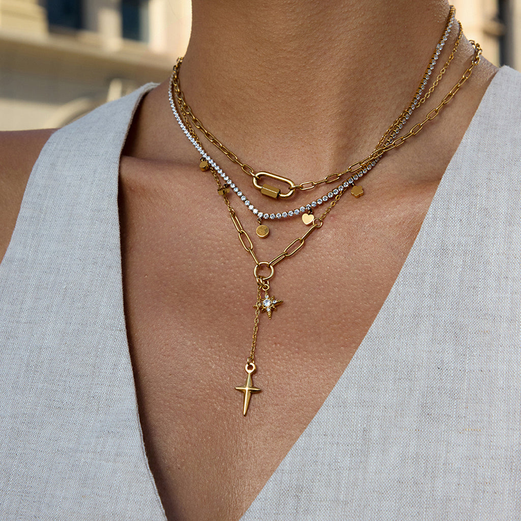18K Gold Starry Y Shape Pendant Heart Tennis Chain Paperclip Layered Necklace Set
