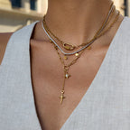 18K Gold Starry Y Shape Pendant Heart Tennis Chain Paperclip Layered Necklace Set