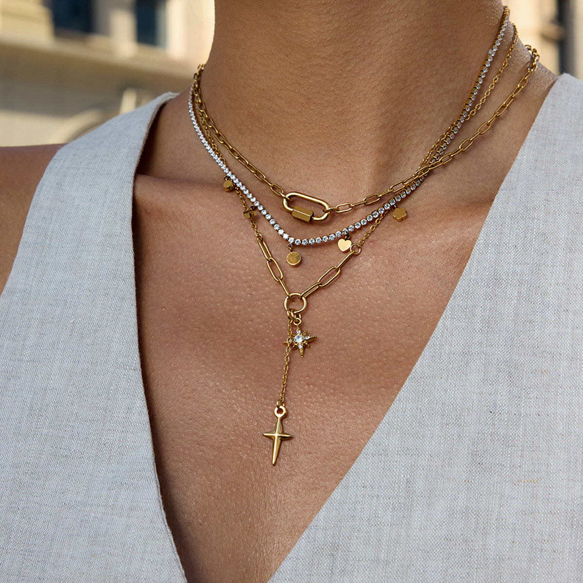 18K Gold Starry Y Shape Pendant Heart Tennis Chain Paperclip Layered Necklace Set
