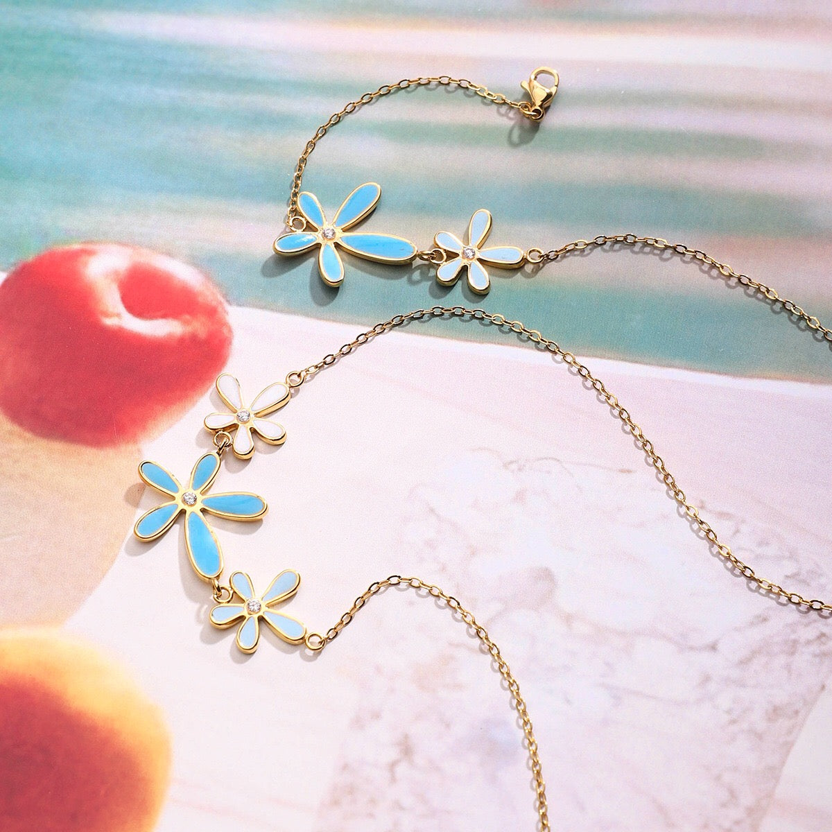 18K Gold Blue Flower Dainty Bracelet