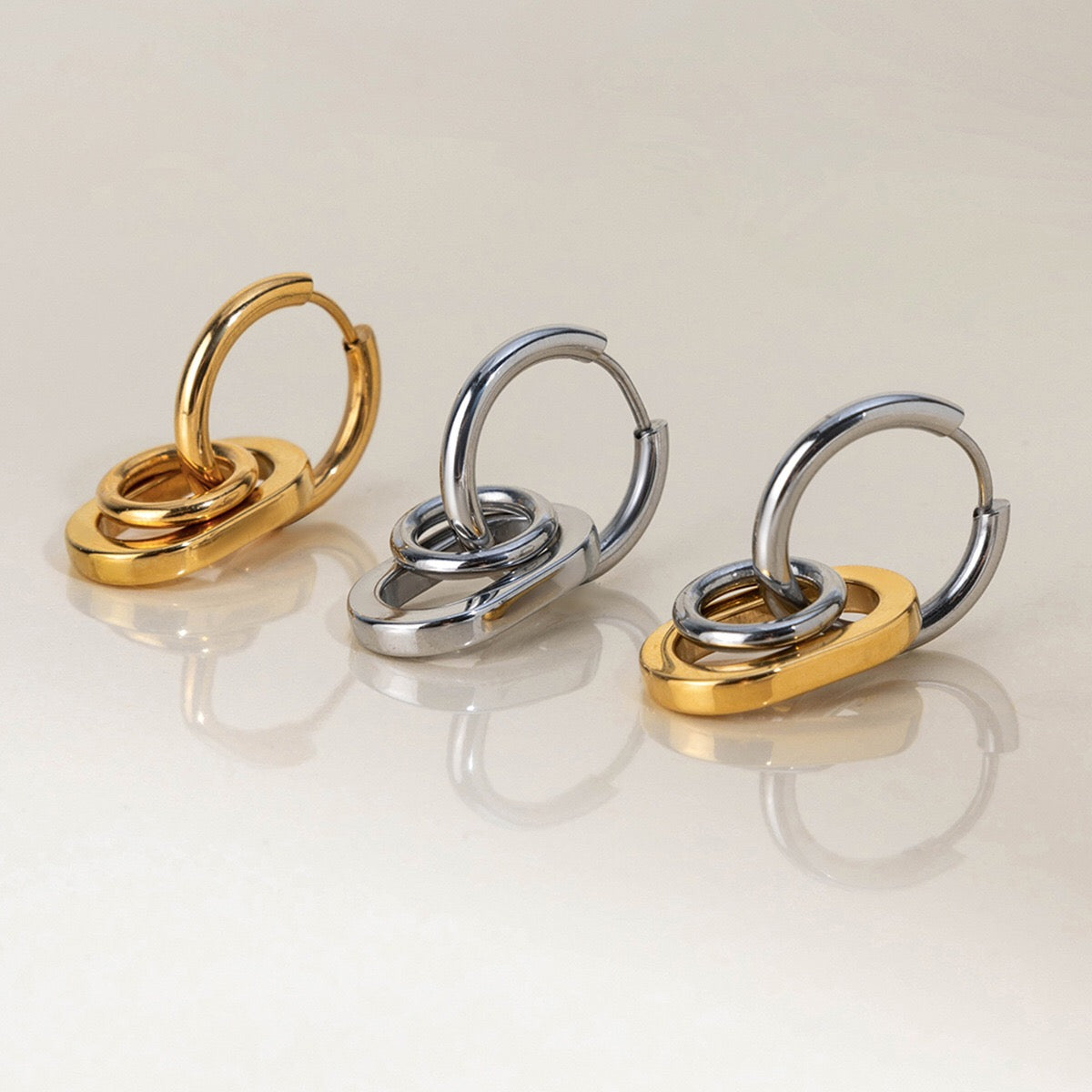 18K Gold and Silver Two Tone Trinity Small Hoop Dangle Huggie Earrings