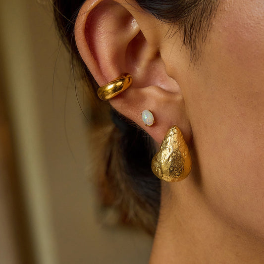 18K Gold Teardrop Opal Stud Earrings Ear Cuff Set