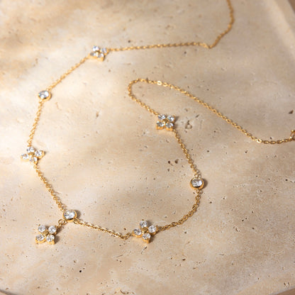 18K Gold Lucky Petal Four Leaf Clover Flower Dainty CZ Necklace