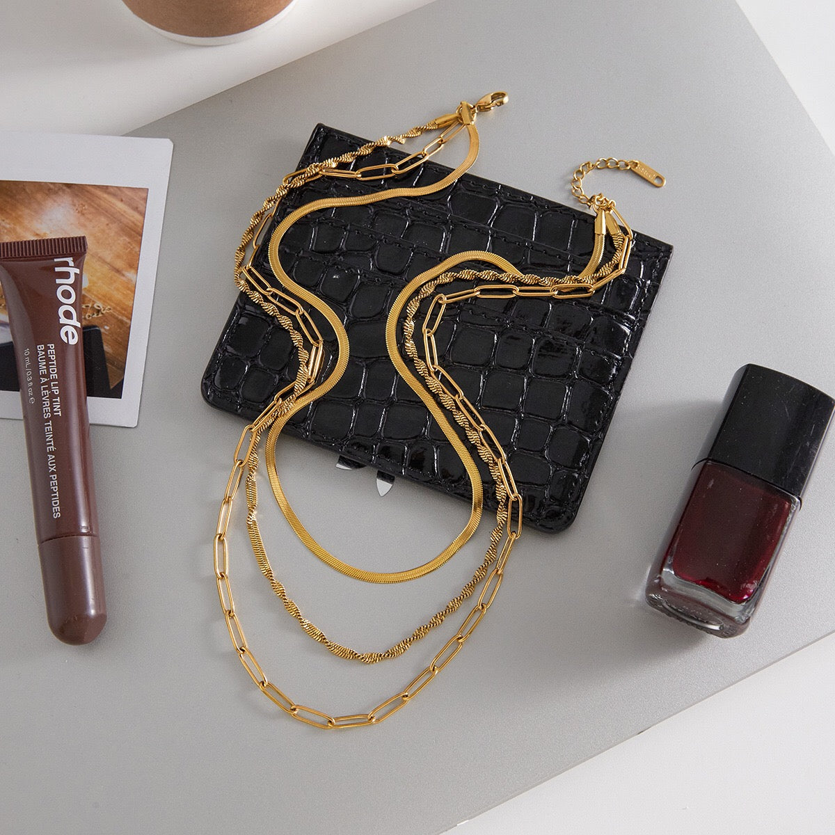 18K Gold Quiet Luxe Paper Clip Herringbone Snake Chain Layered Necklace Set