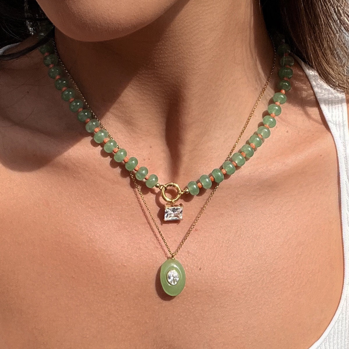18K Gold Summer Healing Color Stone Long Pendant Necklace