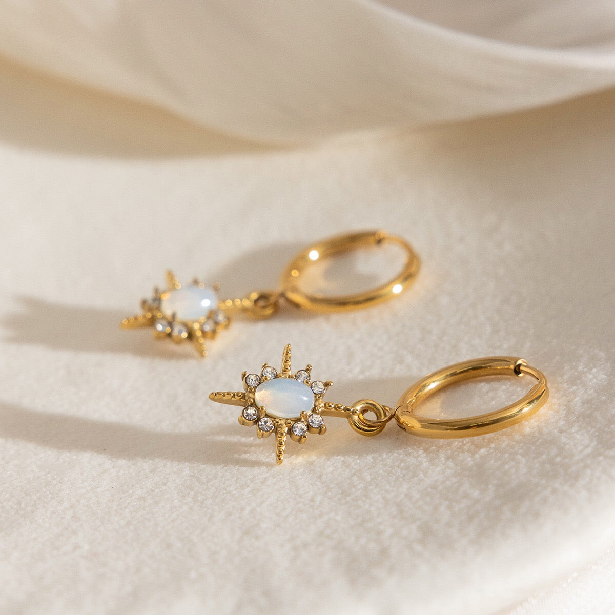 18K Gold Northern Star Opal Small Hoop Dangle Huggie Earrings