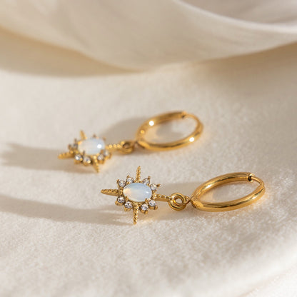 18K Gold Northern Star Opal Small Hoop Dangle Huggie Earrings