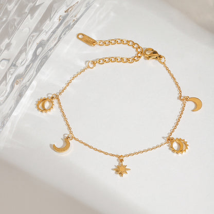 18K Gold Moon and Star Celestial Charm Chain Bracelet